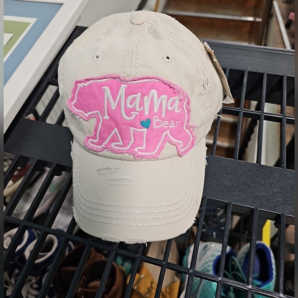 NWT Simply Southern Ball Cap "Mama Bear" Distressed Denim Pink Adjustable Mesh
